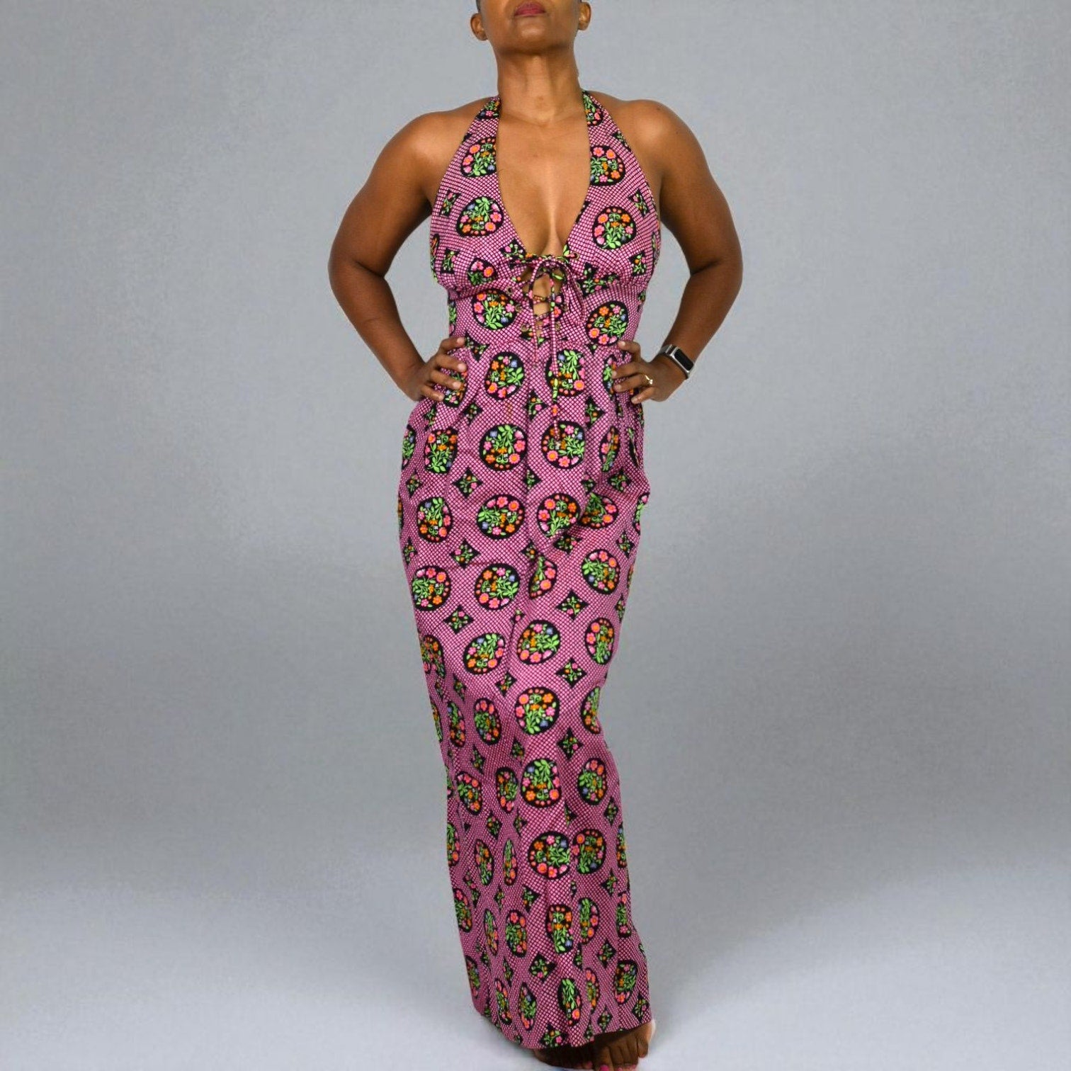 Vintage Beach Mates Halter Maxi Dress Pink Acrylic Floral Print Check Garden 70s Coverup Hippie Small