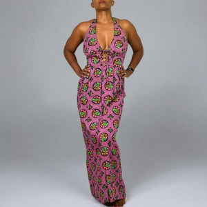 Vintage Beach Mates Halter Maxi Dress Pink Acrylic Floral Print Check Garden 70s Coverup Hippie Small