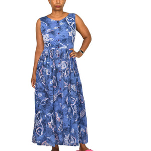 Vintage Jasmine KVM Dress Blue Fish Print Tent Shift Midi Cotton Gauze Airy Open Back Tie Medium