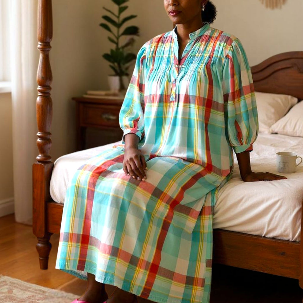 Vintage Saybury Nightshirt Blue Plaid Check Shirtdress Dress Pockets Cotton Pastel Oversized Muumuu Small
