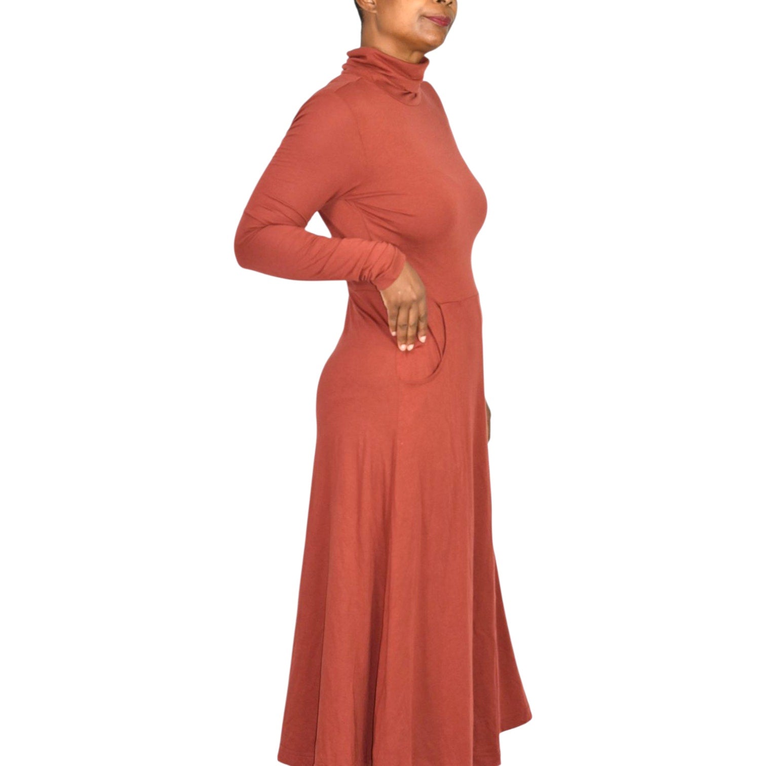Peruvian Connection Haley Turtleneck Dress Burnt Sierra Orange Cotton Modal Midi Jersey Long Sleeve Stretch Small