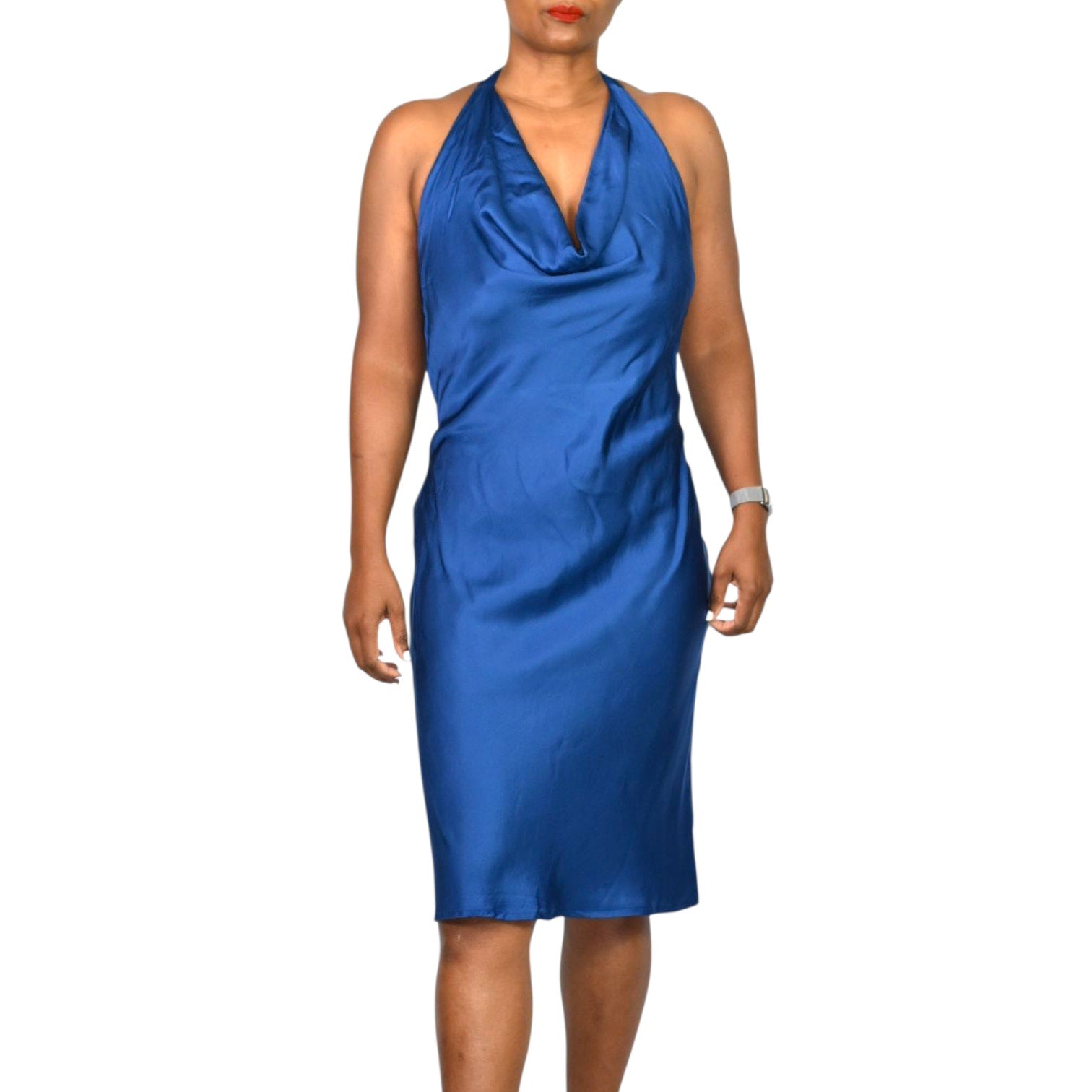 Young Fabulous Broke Rebel Slip Dress Blue Halter Midi Rayon Cowl Silky Satin YFB Small