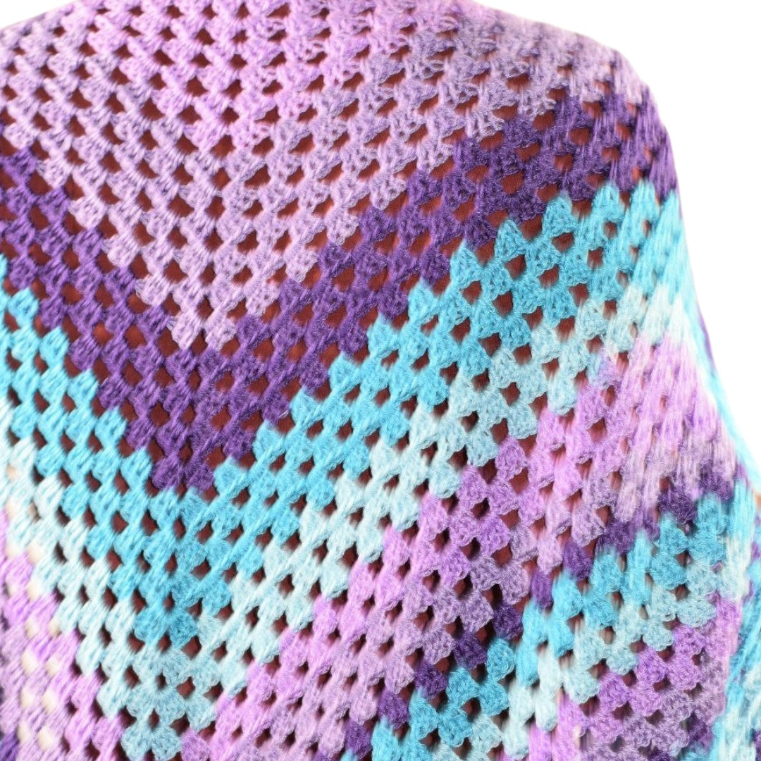 Hand Knit Crochet Shawl Blue Purple Ombre Blanket Wrap Triangle Granny Squares Vintage Afghan One Size S M L