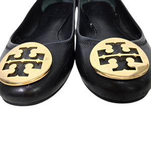 Tory Burch Reva Mestico Ballet Flats Black Leather Round Toe Logo Medallion 6