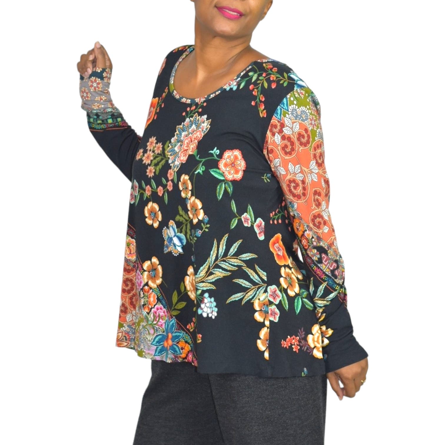 Johnny Was Ardell Favorite Top Floral Patchwork Long Sleeve T Shirt Tee JWLA Bamboo Size Medium