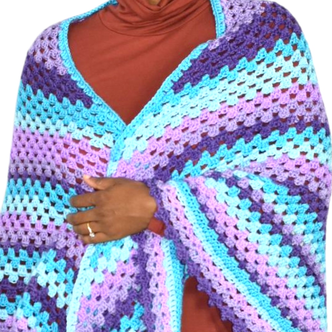 Hand Knit Crochet Shawl Blue Purple Ombre Blanket Wrap Triangle Granny Squares Vintage Afghan One Size S M L