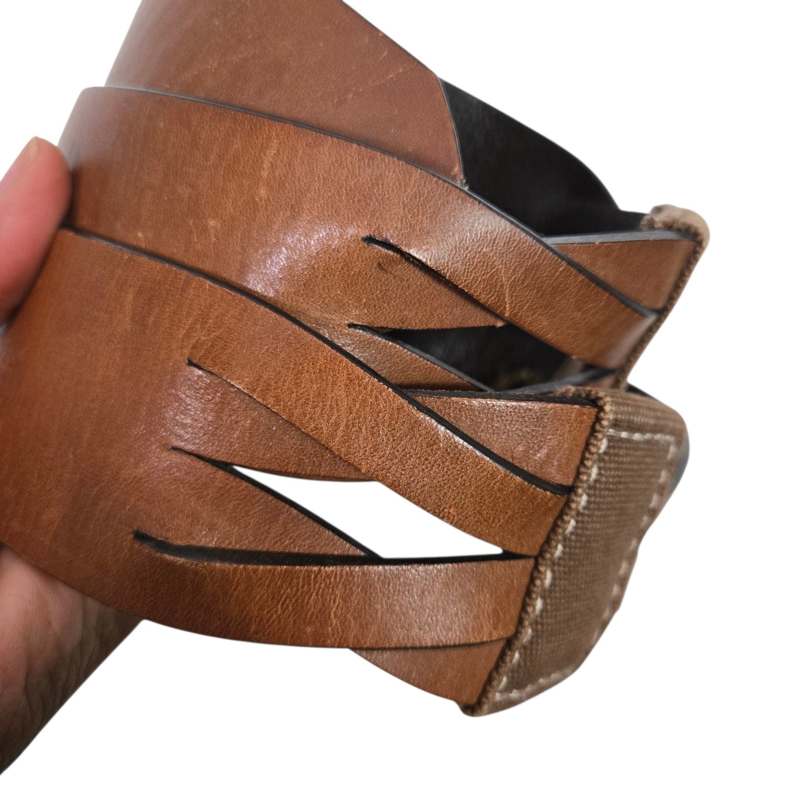 Gap Leather Belt Vintage Brown Canvas Wide Sturdy Rugged Textured Cutouts Medium