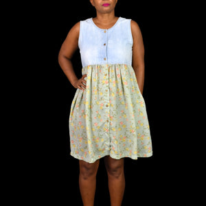 Vintage Express Dress Blue Denim Floral Chiffon Smock Jumper Sundress Button Front Jean 90s Size Medium