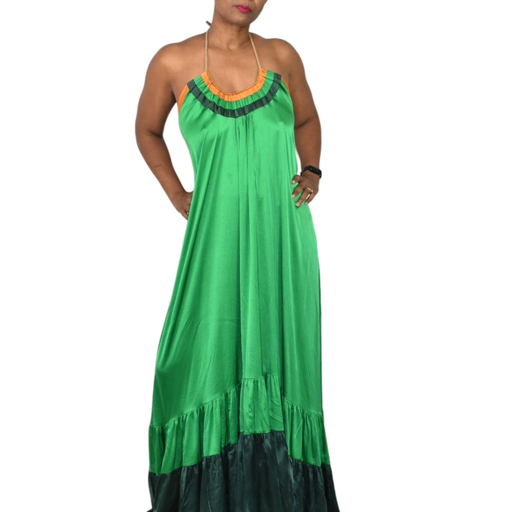 Love Binetti Halter Dress Green Silk Satin Maxi Sundress Draped Tent Oversized Lounge Patio Flowy Size Medium