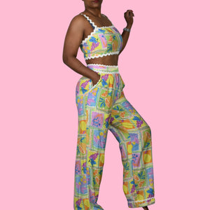 Fore Fruit Print Pant Set Yellow Block Print Matching CoOrd Crop Top Wide Leg Medium