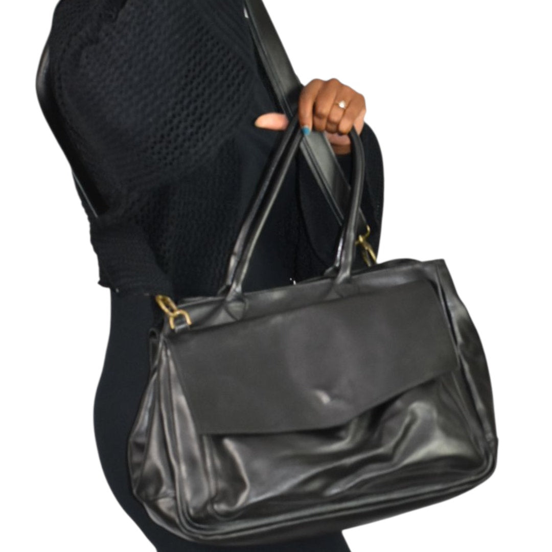 CORSIA Leather Tote Bag Satchel Black Italy Crossbody Strap Handles Carryall Structured