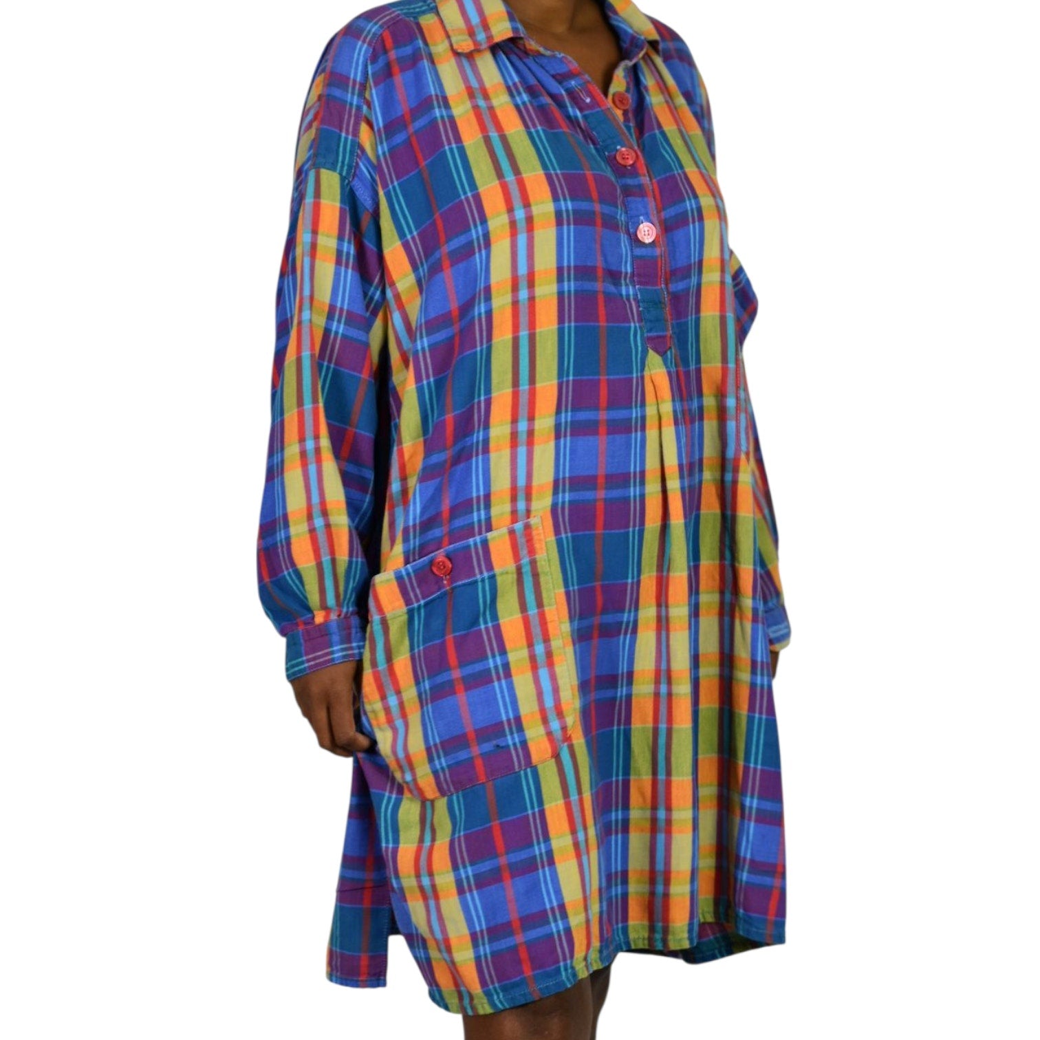 Bloomingdales Lingerie Vintage Nightshirt Blue Plaid Check Bloomies Shirtdress Button Front Dress Pockets Cotton Oversized One Size