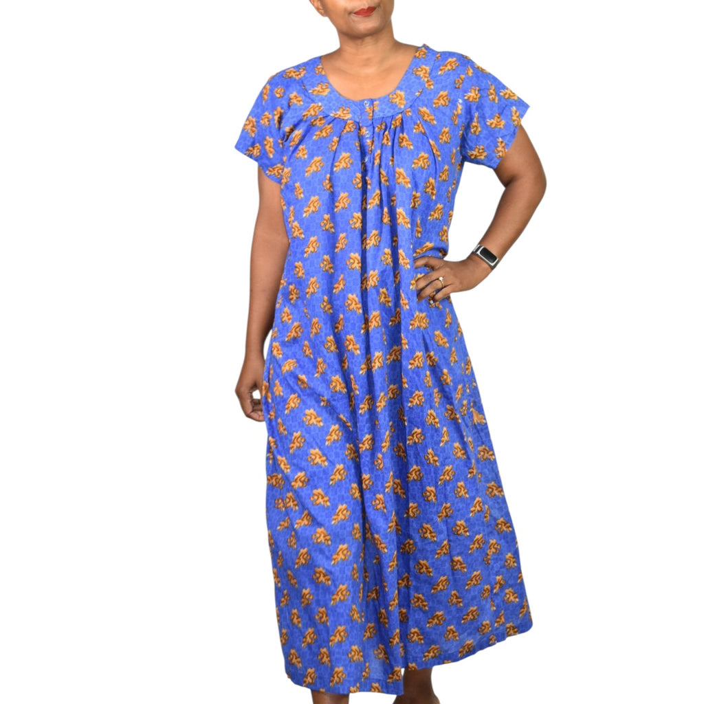 Homemade Vintage Cotton Patio Dress Blue Tropical Block Print Muumuu Housedress Tent Lounge Medium