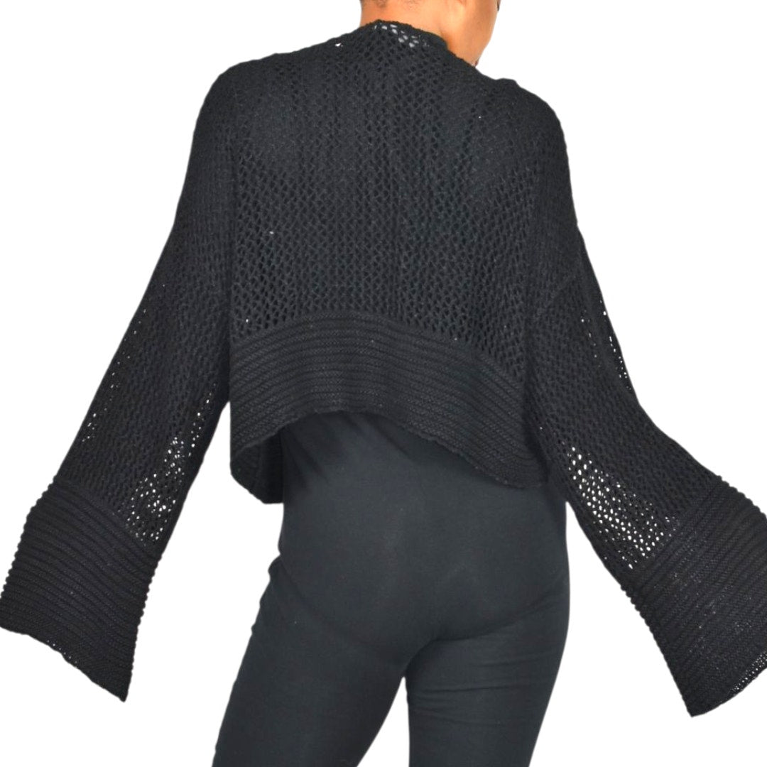 Anthropologie Open Weave Knit Cardigan Black Bell Sleeve Shrug Shawl Sweater One Size