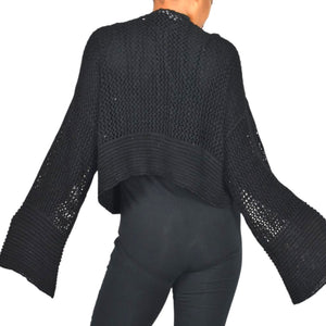 Anthropologie Open Weave Knit Cardigan Black Bell Sleeve Shrug Shawl Sweater One Size