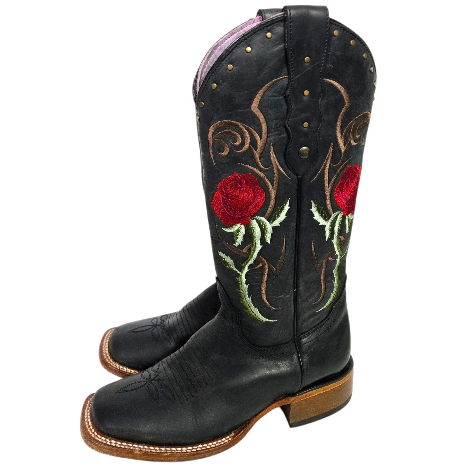 Rockem Rose Embroidered Cowboy Boots Black Western Cowgirl Square Toe Leather 7 Girls