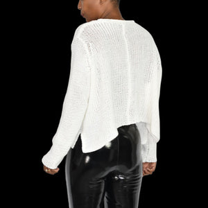 Wooden Ships Maui V Neck White Ivory Pullover Sweater Slouchy Cropped Boxy Side Slits Small Medium