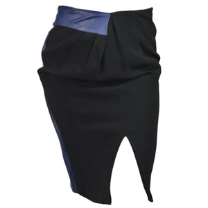 Raoul Two Tone Skirt Blue Leather Black Crepe Pencil High Waist Pleated Slit Small