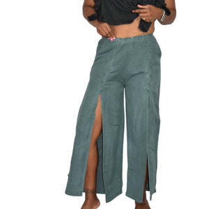 Young Fabulous Broke Cove Pant Green YFB Front Slits Crop Flare High Waist Washed Linen XS