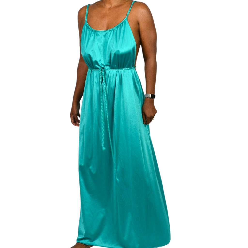 Vintage JC Penney Grecian Style Gown Green Teal Nylon Nightgown Goddess Long Maxi Silky Shiny Lingerie 70s 80s Large