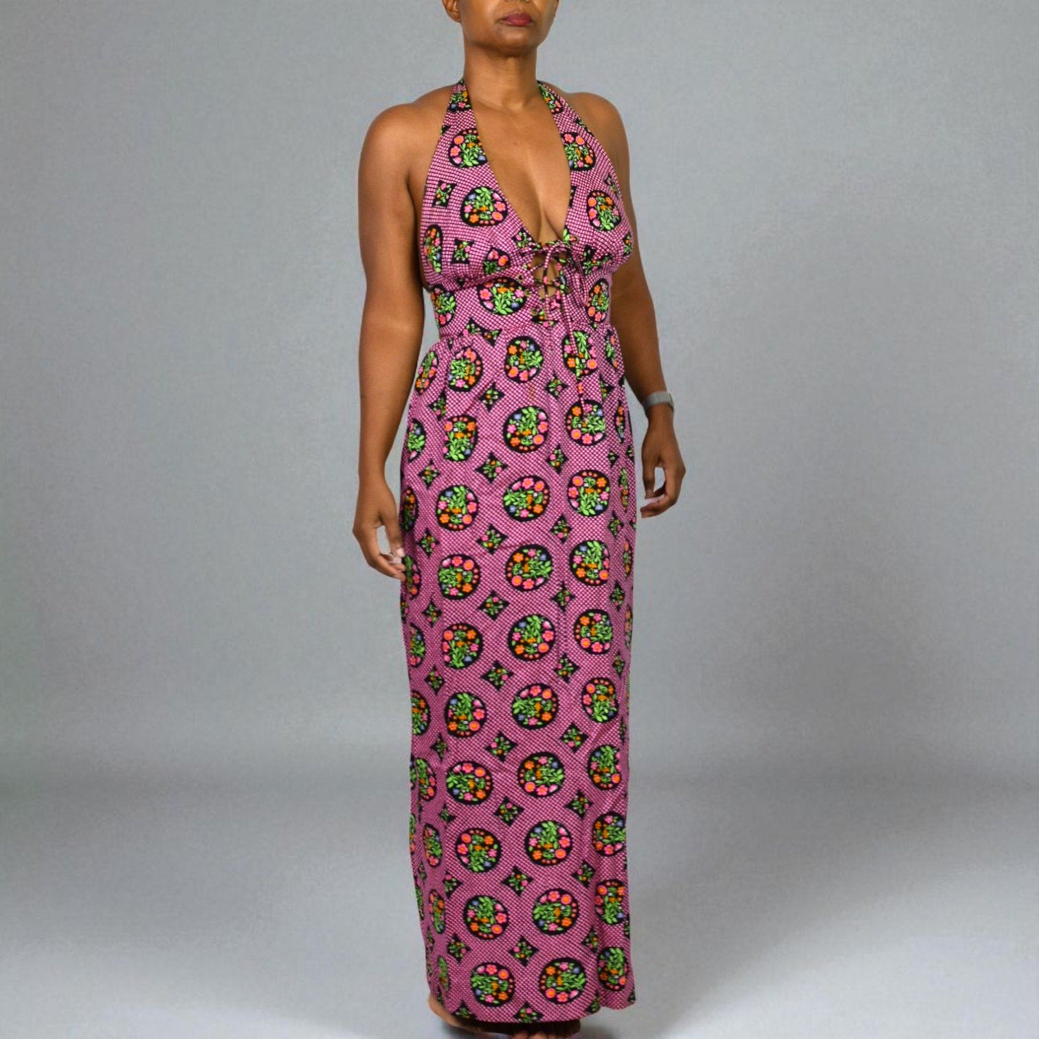 Vintage Beach Mates Halter Maxi Dress Pink Acrylic Floral Print Check Garden 70s Coverup Hippie Small