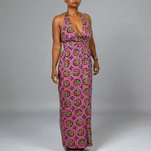 Vintage Beach Mates Halter Maxi Dress Pink Acrylic Floral Print Check Garden 70s Coverup Hippie Small