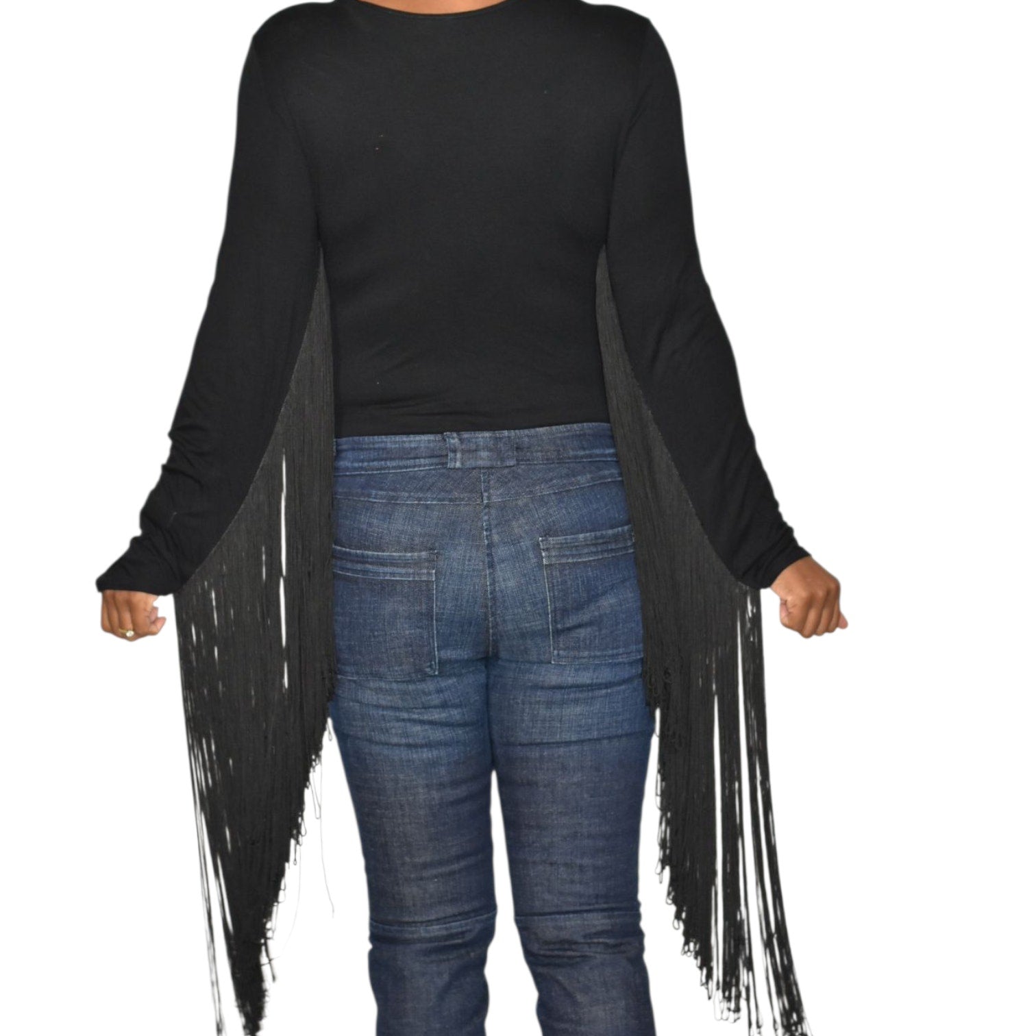 ASOS Fringe Bodysuit Black Plunge V Neck Long Sleeve Top Stretch Statement Blouse 6