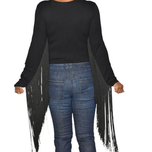 ASOS Fringe Bodysuit Black Plunge V Neck Long Sleeve Top Stretch Statement Blouse 6