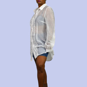 Sugar Thrillz Totally Paused Sheer Top Ruffles Collared Long Button Front Tuxedo Shirt Blouse XXL