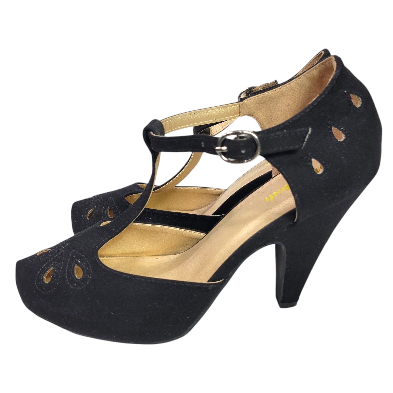 Modcloth T Strap Heels Black Pump Refreshed Zest Retro Ankle Strap Cutout Size 9