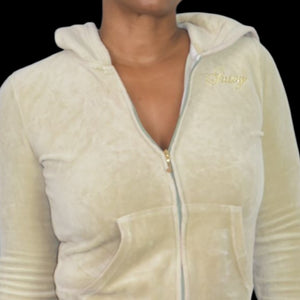 Juicy Couture Velour Hoodie Beige Zip Front Y2K Jacket Leopard Diamond Airbrush Logo Small