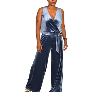 Samantha Dru Kasie Flare Jumpsuit Blue Wrap Front Belt Velour Velvet Wide Leg Pantsuit Size Small