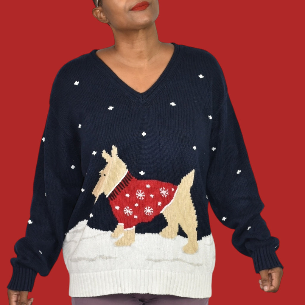 Ugly Christmas Sweater Blue Vintage Liz Claiborne Dog Scottie Cotton Snowflakes Snow Intarsia Holiday Festive Size XL