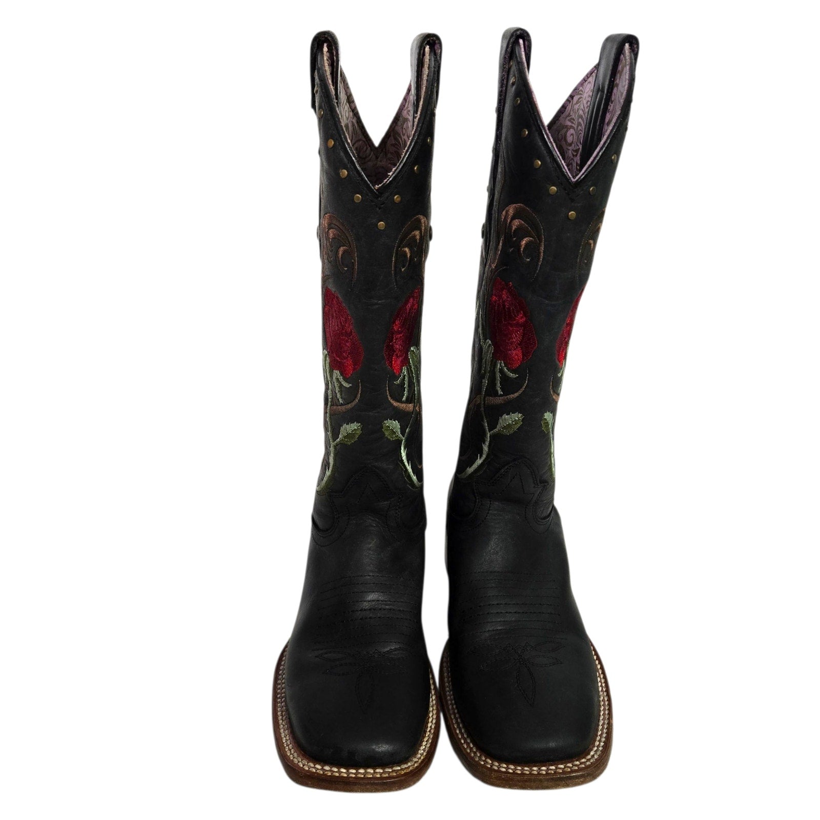 Rockem Rose Embroidered Cowboy Boots Black Western Cowgirl Square Toe Leather 7 Girls