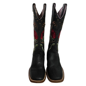 Rockem Rose Embroidered Cowboy Boots Black Western Cowgirl Square Toe Leather 7 Girls