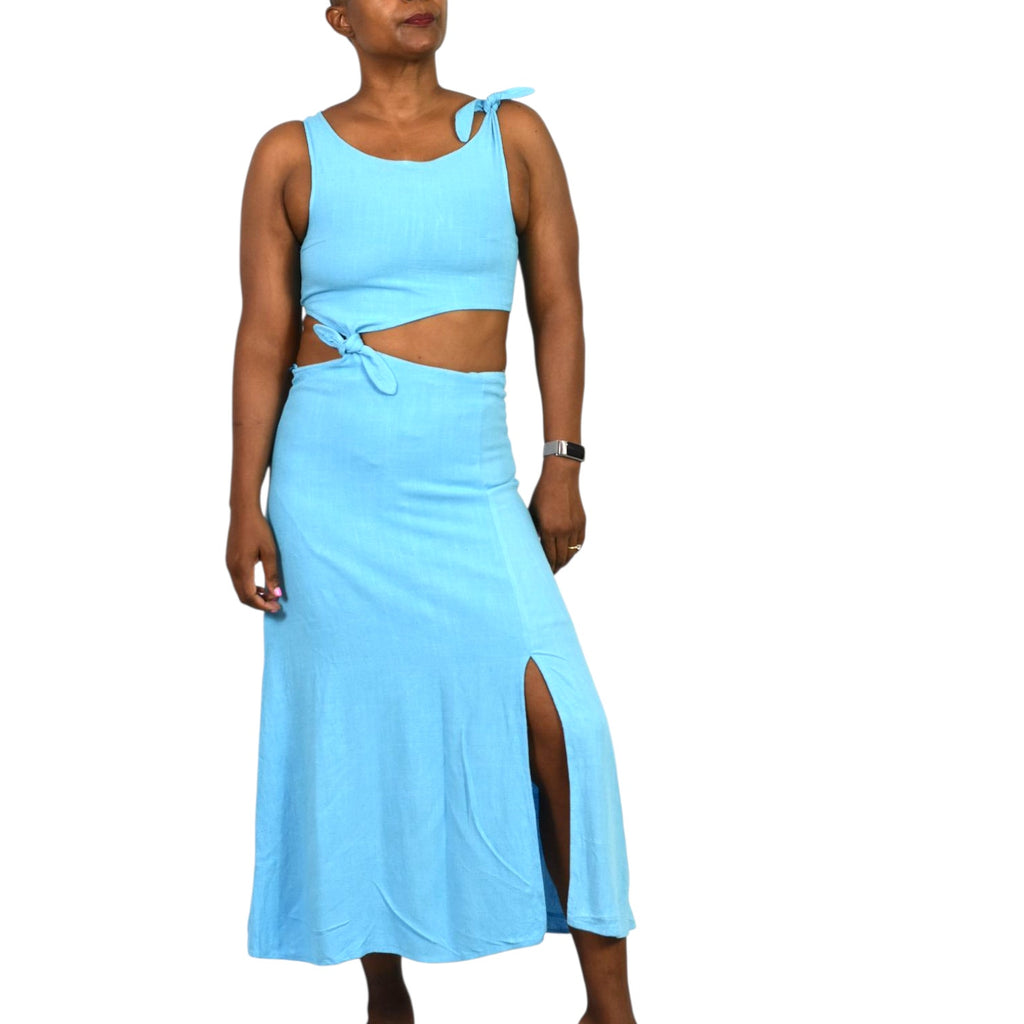 Sundays Tie Shoulder Midi Dress Blue Cutouts Open Midriff Hemp Viscose Slit Two Piece Small