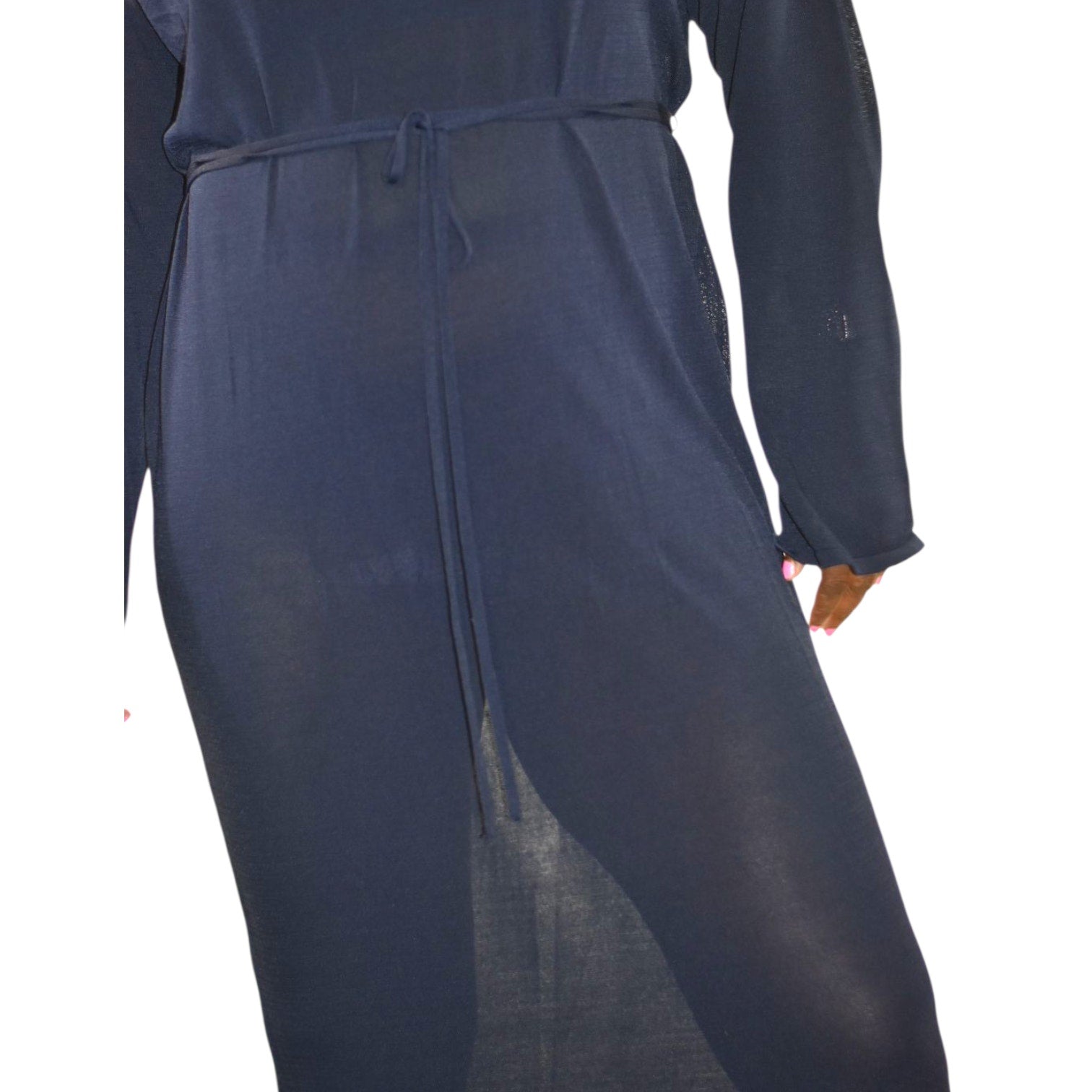 Zara Knit Maxi Dress Blue Navy Sheer V Neck Oversized Belted Caftan Long Viscose Casual Medium