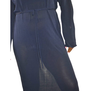 Zara Knit Maxi Dress Blue Navy Sheer V Neck Oversized Belted Caftan Long Viscose Casual Medium
