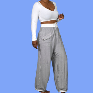 Vintage Lyse Spenard Weekend Pants Black Stripe Knit Drawstring Pull On Stretch Lagenlook Large