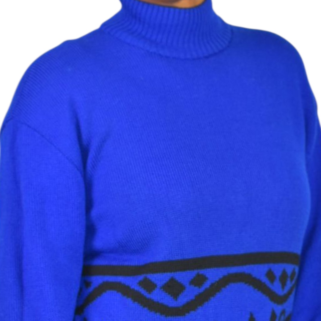 Vintage St John Sportswear Sweater Royal Blue Marie Gray Patterned Turtleneck Medium