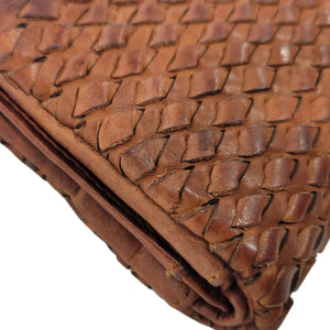 Vilenca Holland Wallet Brown Cognac Leather Woven Soft Pocket Slots Basketweave Billfold Bifold