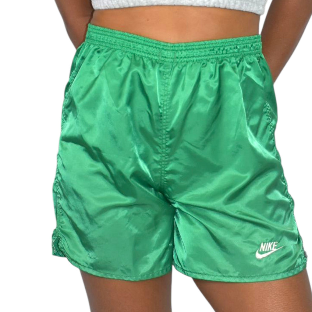 Vintage Nike Nylon Shorts Green High Waist Running Athletic Logo Shiny Pull On USA 80s Small