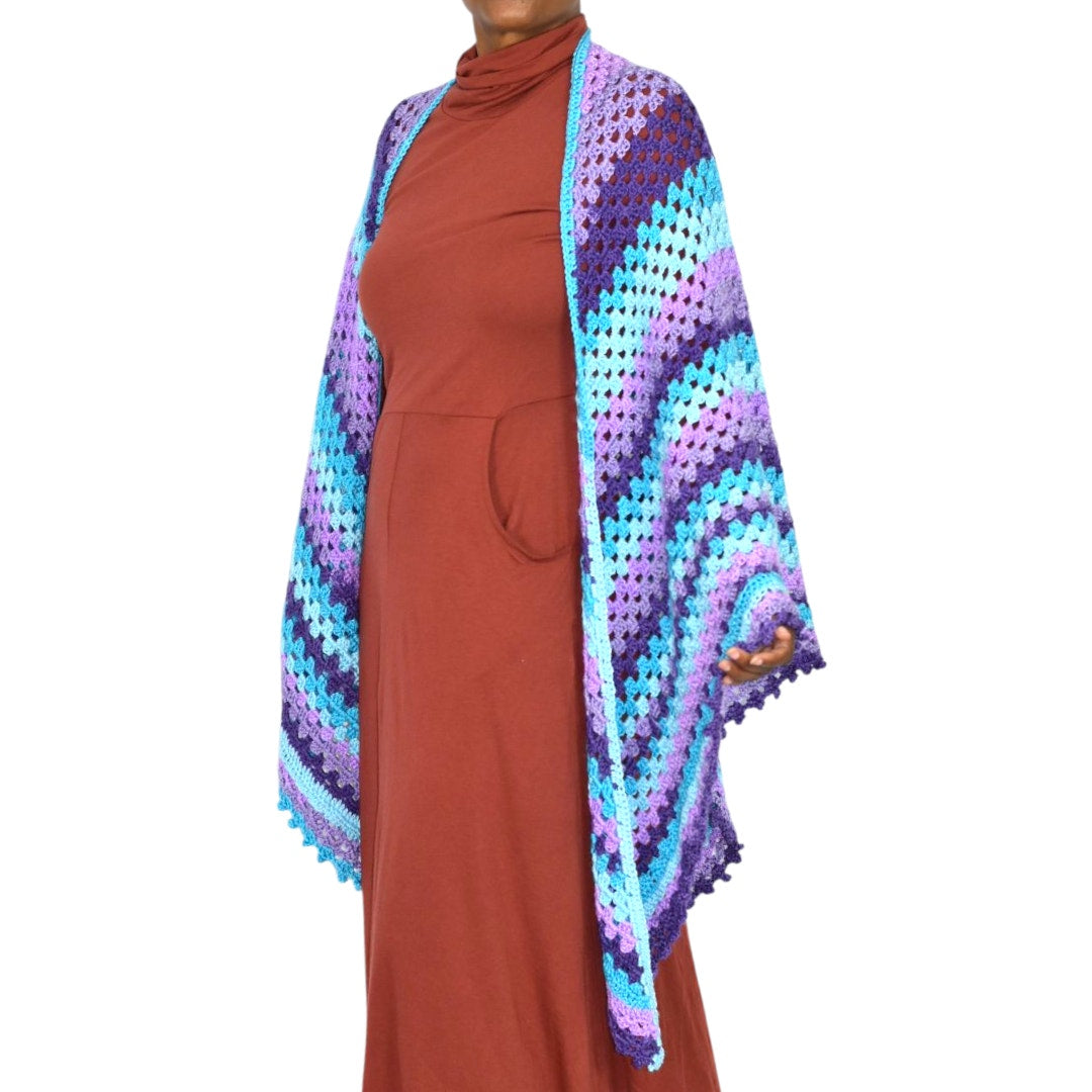 Hand Knit Crochet Shawl Blue Purple Ombre Blanket Wrap Triangle Granny Squares Vintage Afghan One Size S M L