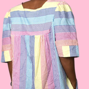 Vintage Saybury Rainbow Stripe Dress Pink Seersucker Sundress Long Patio House Sack Housecoat Muumuu Large