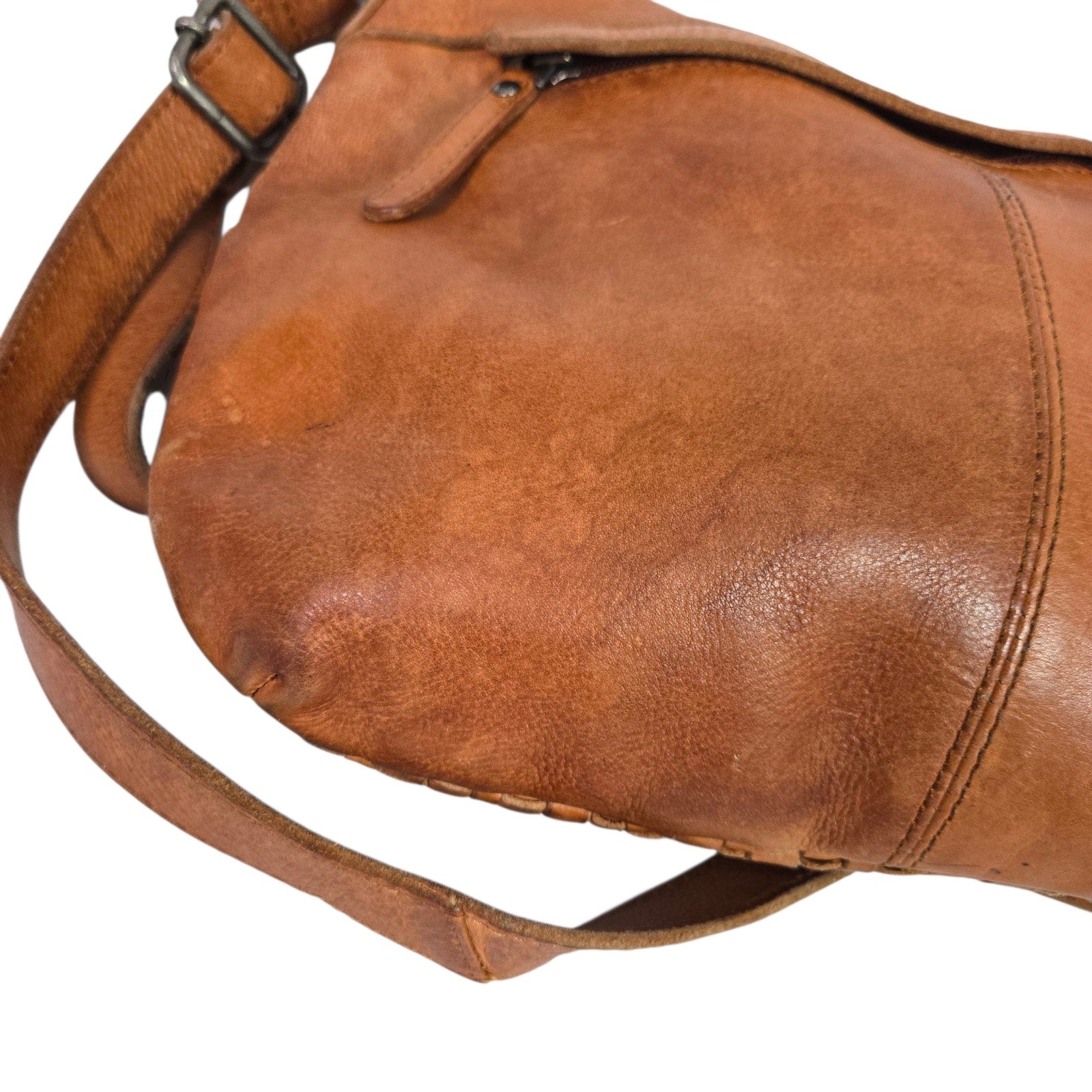 Vilenca Holland Leather Bag Brown Cognac Woven Leather Adjustable Shoulder Crossbody Soft Slouchy
