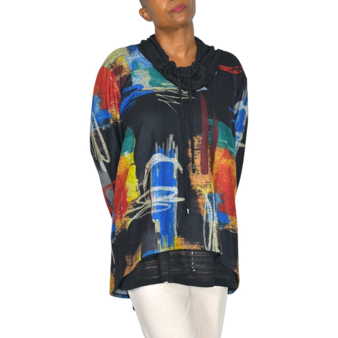 Ali Miles Abstract Art Cowl Neck Tunic Multicolor Black Print Sweater Top Lagenlook Plus 2X