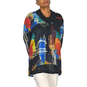 Ali Miles Abstract Art Cowl Neck Tunic Multicolor Black Print Sweater Top Lagenlook Plus 2X