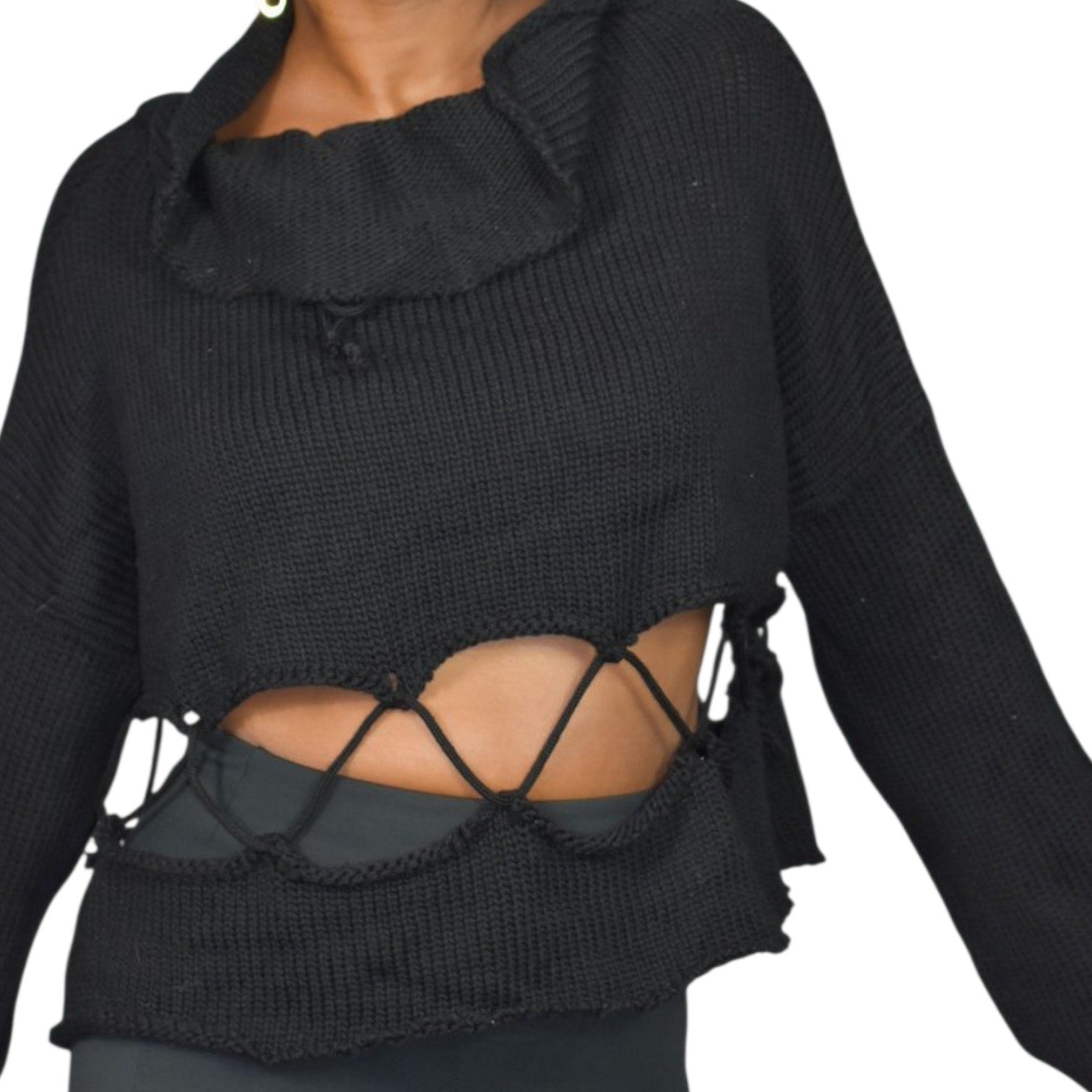 Manuelle Guibal Paris Sweater Black Knit Cropped Cutout Lace Up Long Sleeve Oversized Boxy Large