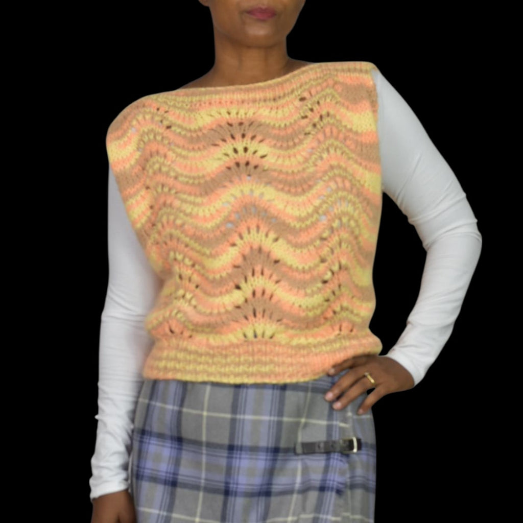 Homemade Sweater Vest Top Jerkin Yellow Vintage Hand Knit Knitted Pastel Wave Medium