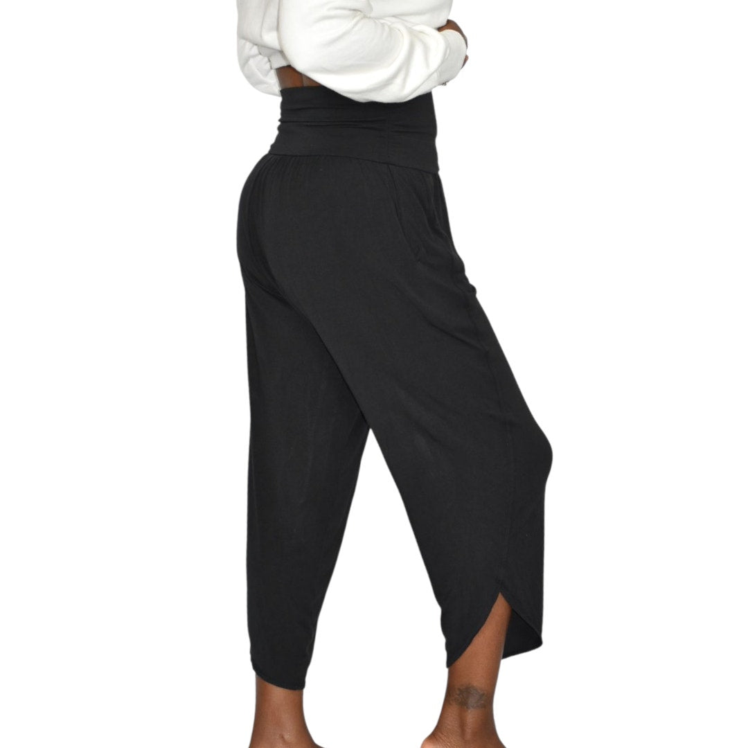 Athleta Flow With It Pant Pants Black Harem Tulip Hem Cropped Wide Leg Stretch Jersey Modal XS